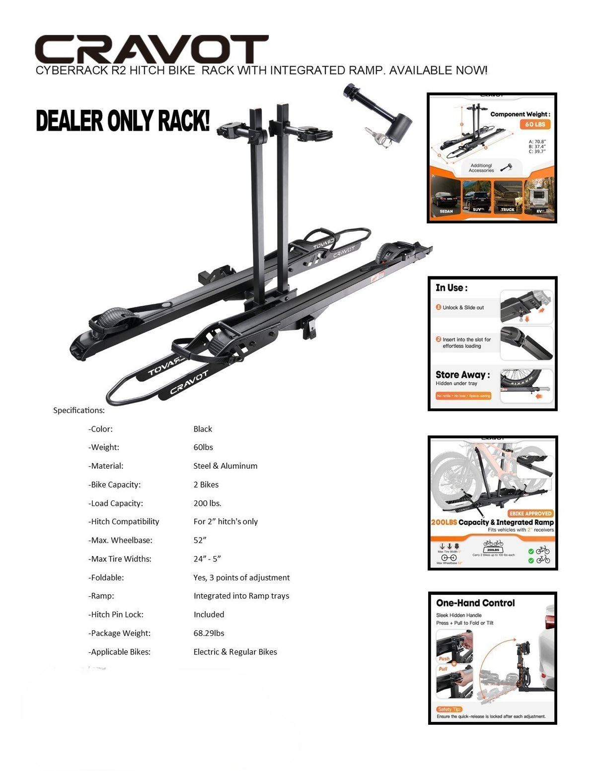 Cravot CyberRack R2 Hitch Bike Rack - 2 eBikes, Integrated Ramp