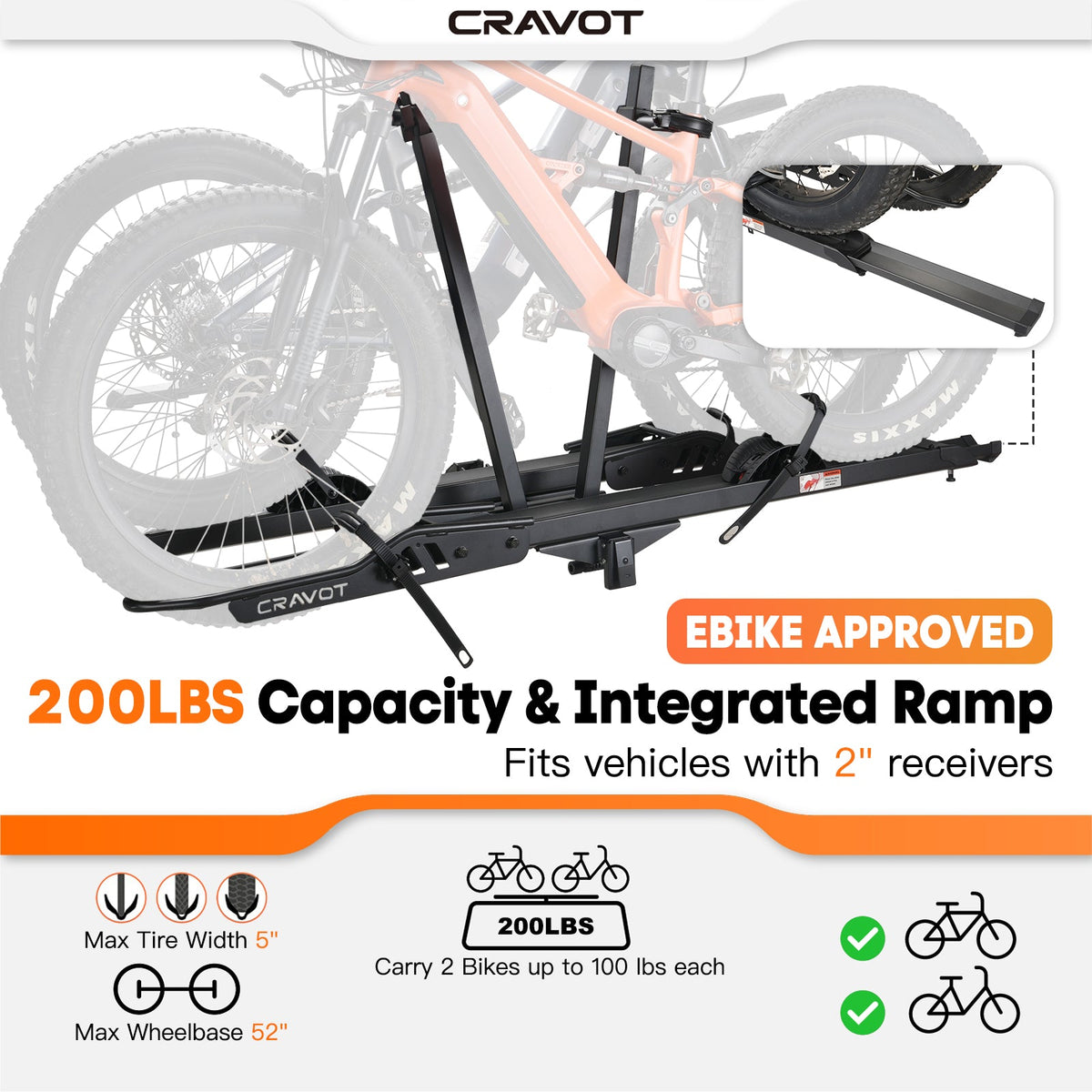 Cravot CyberRack R2 Hitch Bike Rack - 2 eBikes, Integrated Ramp
